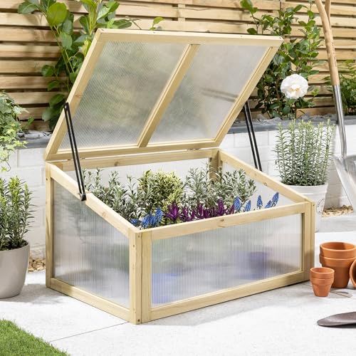Christow Raised Bed Cold Frame Greenhouse, FSC Wooden Garden Grow House for Vegetables & Plants, Polycarbonate UV-Stabilised Panels for Strong, Healthy Growth, Natural Wood, 70cm x 46.2cm x 39.5cm
