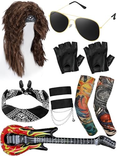 Mepase 80s Rock Costume Set for Women Wig Headband Tattoo Sleeve Gloves Cuff Glasses Inflatable Guitar Punk Rock Party(Dark Brown M)