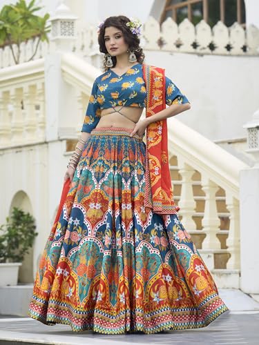 Image of PURVAJA Women's Chinon /Art Silk Semi-Stitched Lehenga choli