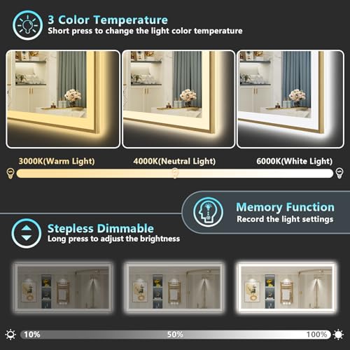 Image of 72x32 Gold LED Bathroom Mirror with Lights, Brushed Gold Framed Backlit and Front Lit Anti-Fog Lighted Vanity Mirrors for Bathroom Wall, Dimmable, 3 Colors, Memory, HD Tempered Glass, CRI 95