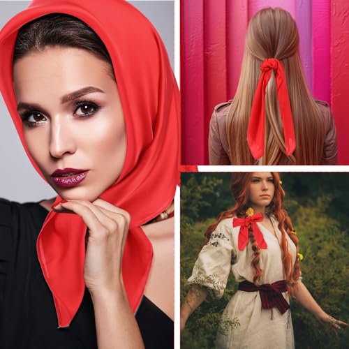 Red Scarf Bandana, 2pcs 27.5" Square Red Neck Scarf Scarves Head Wrap Solid Chiffon Fashion Versatile Women Accessory3
