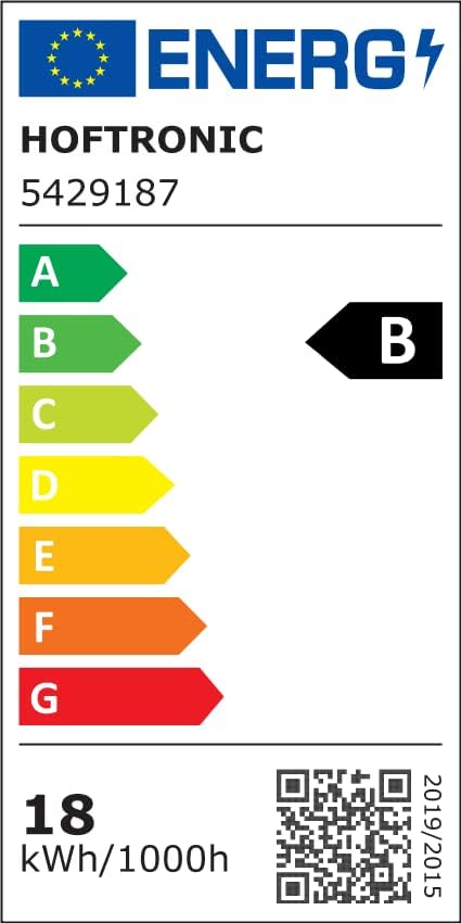 Energy label B for HOFTRONIC LED TL fixture, showing 18 kWh/1000h consumption.