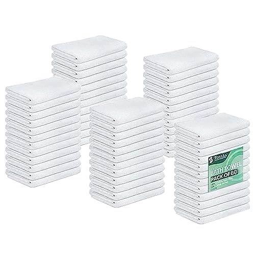 TOALLA (Pack of 60 White Bath Towels Bulk 20x40 Inches -100% Cotton Economy Cheap Bath Towels for Commercial Uses, Gym, Salon, Spa & Hair -Lightweight