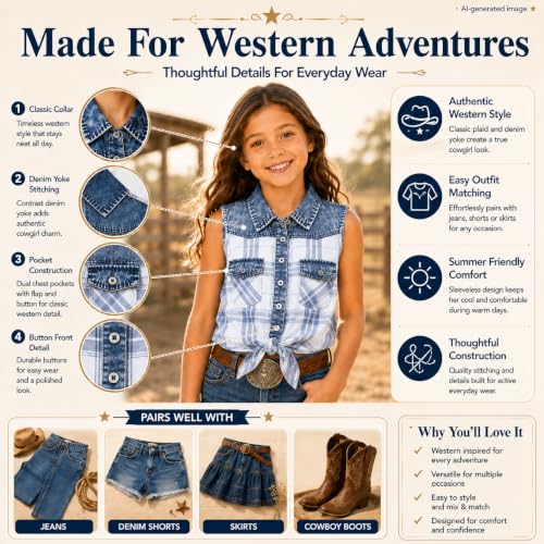 Image of Bienzoe Western Plaid Girls Shirt: Sleeveless Button Down | For girls who love cowgirl style, rodeo days, country concerts, summer comfort, family photos, horse shows, outdoor fun