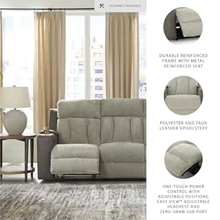 Signature Design by Ashley Point Clear Transitional Faux Leather Power Reclining Sofa with Drop Down Table, Lumbar Massage, LED Lights and Adjustable Headrest, Gray & Beige