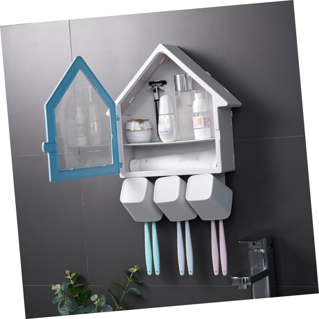 Portaspazzolino a Forma di Casa Blu, Supporto Bagno Abs Pp | 34x27cm, Due Posti per Spazzolini e Tazza, Fissaggio senza Fori, Design Drenante