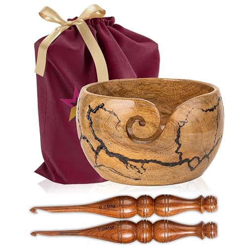 Image of Mangowood Yarn Bowl for Crocheting, Large 7x4 inch Cute Crochet Wooden Yarn Holder & Knitting Gadgets Supplies, Gifts for crocheters Handmade Bowl with Fractal Burning & Black Resin Inlay (M-Black)