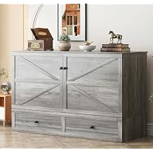 PUREMIND Full Murphy Bed Cabinet with Mattress Included, Bedroom Cabinet Beds with USB Charging Station, Murphy Chest Bed with Storage Drawers, Horizontal Wallbed for Guest Room Grey