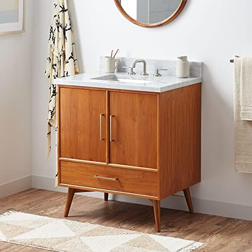 Signature Hardware 953363-30-RUMB-8 Novak 30" Freestanding Teak Single Basin Vanity Set with Cabinet, Vanity Top, and Rectangular Undermount Sink - 8" Faucet Holes - Teak/Carrara Marble