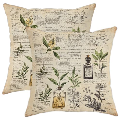 Botanical Pillow Covers Set of 2, Vintage Herbal Plant Throw Pillows Case, Home Decorative Square Farmhouse Decor Cushion Covers for Couch Sofa Bed 20x20 Inch