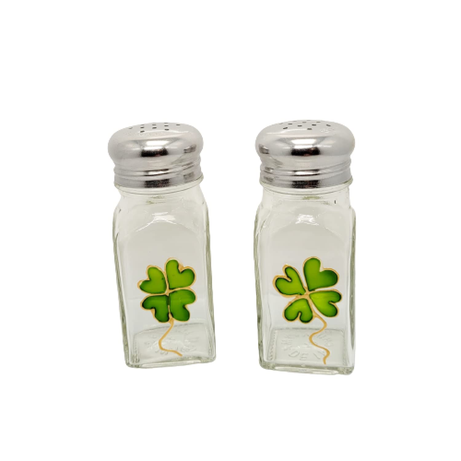 Green Four Leaf Clover Shamrock Hand Painted Glass Salt and Pepper Shakers Set