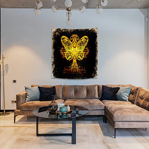 Psyhilar Blacklight Posters For Adults Black Light Tapestry Yellow Flower Tree Of Life Golden Butterfly Psychedelic Uv Reactive Trippy (51" W X 59" H) #TOP2