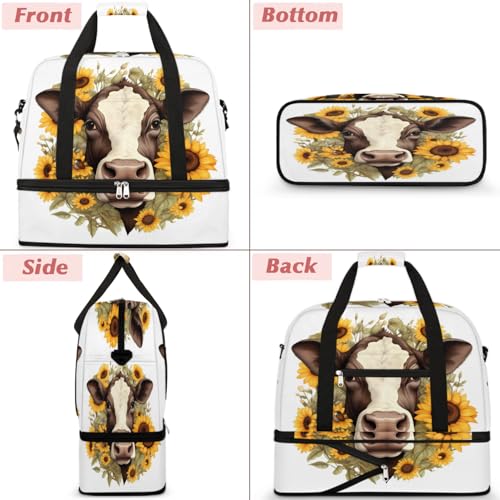 Travel Duffel Bags Sunflower Cow Foldable Weekender Bags for Women with Shoes Compartment Waterproof & Tear Resistant Carry on Overnight Luggage Duffel Bag Shoulder Sports Tote Bag,A-3133