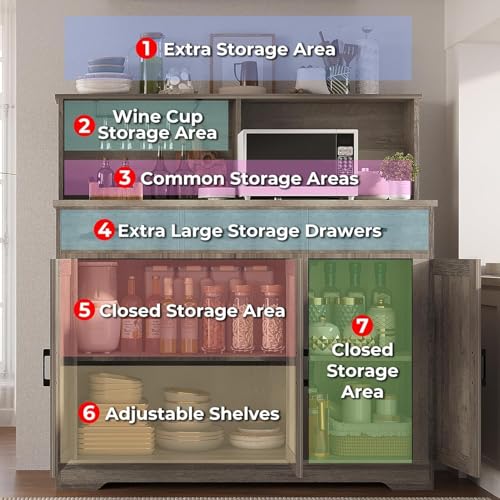 GarveeHome Farmhouse Sideboard Buffet with Microwave Stand, Barn Doors Buffet Storage Cabinet with Drawers and Shelves, Wood Coffee Bar Cabinet for Kitchen, Dining Room, Living Room, Grey