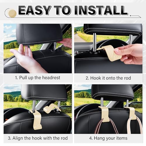 Image of SINGARO Universal 2 Pack Car Seat Headrest Purse Hook, Carbon Fiber Back Seat Hook Storage Organizer Hanger for Purse Handbag Coat, Car Interior Accessories(Beige)