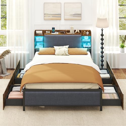 Image of COSTWAY Double/King Size Bed Frame with LED Lights, Charging Station, Storage Headboard & 4 Drawers, 4FT6/5FT Industrial Metal Platform Bed Frame Slats Support Mattress Foundation (Double-135x190cm)