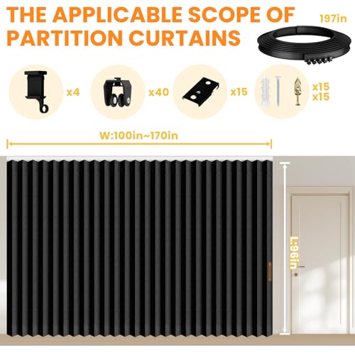 Image of Room Divider Curtain Sets with Flexible Ceiling Track, Privacy Soundproof Curtain for Bedroom Office Patio Sliding Door(Black, W180 x L96, 1 Pack)