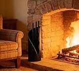 Calidola Juego de herramientas para chimenea con soporte, juego de 3 piezas de hierro negro con pala, cepillo y póquer, revestimiento en polvo, base redonda moderna, juego de herramientas de fuego de
