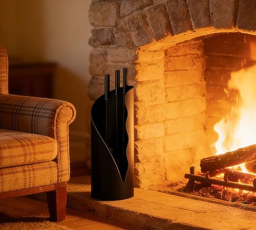 Calidola Set di attrezzi da camino con supporto, set da 3 pezzi in ferro nero con pala, spazzola e attizzatoio - base rotonda moderna verniciata a polvere, set di attrezzi da fuoco alto 52,5 cm per