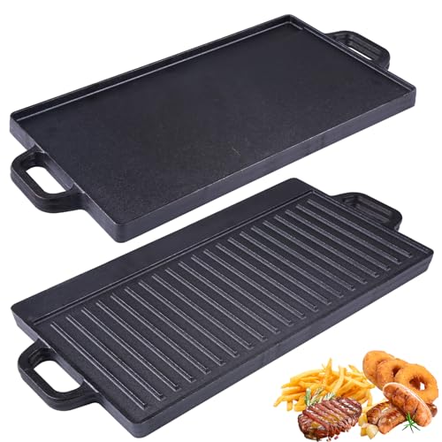 Parrilla de Hierro Fundido, Parrilla de Hierro Fundido de Doble Cara, para Barbacoa de Gas y Parrilla Eléctrica, Sartén para Barbacoa, Camping, Jardín – 51...