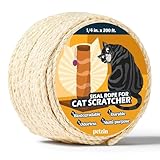 Pelzin Natural Sisal Rope for Cat Scratcher 1/4 Inch by 200 Feet, Cat Tree Rope Twine for Cat Scratching Post Replacement, Cat Tower with Scratch Post Repairing, Replace, Recovering and DIY, White