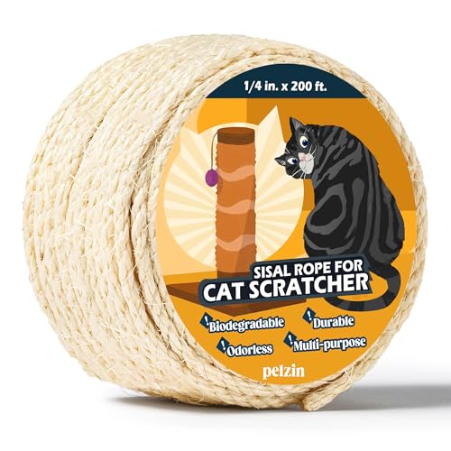 Pelzin Natural Sisal Rope for Cat Scratcher 1/4 Inch by 200 Feet, Cat Tree Rope Twine for Cat Scratching Post Replacement, Cat Tower with Scratch Post Repairing, Replace, Recovering and DIY, White