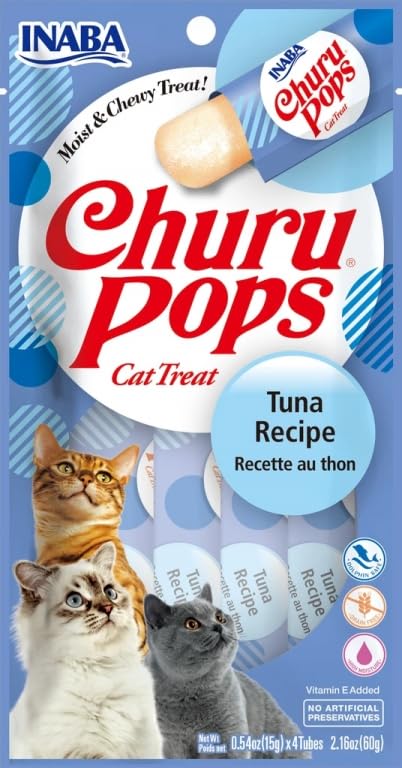 Snack para Gatos Pack 5 Unidades de 15g (75g) - Churu Pops. Sin Cereales, sin conservantes y sin colorantes. Bajo en calorias. (Atún)