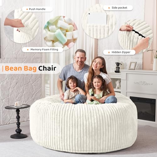 Image of HABUTWAY 6FT Bean Bag Chair, 6' Large Bean Bag Chairs for Adults with Removable Stripe Plush Cover, Memory Foam Beanbag Chair for Living Room Bedroom Dorm,White