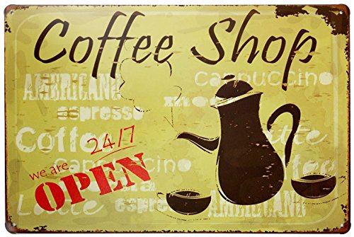 ERLOOD Coffee Shop We are 24/7 Open Vintage Tin Sign Wall Decor 20 X 30 cm
