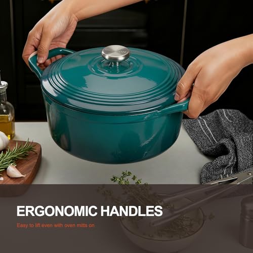 Image of Overmont Enameled Cast Iron Dutch Oven - 5.5QT Pot with Lid Cookbook & Cotton Potholders - Heavy-Duty Cookware for Braising, Stews, Roasting, Sourdough Baking Bottle green