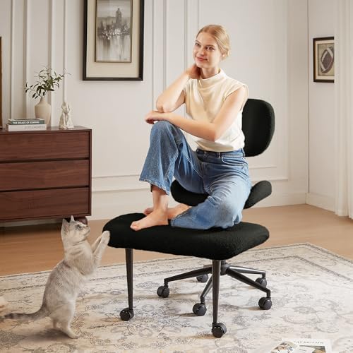 Image of Pinmoco Ergonomic Cross Legged Chair for ADHD, Meditation Chair with 360 Swivel Wheels, Kneeling Office Chair with Back Support, Strong Lumbar Support, Teddy Fabric, Black