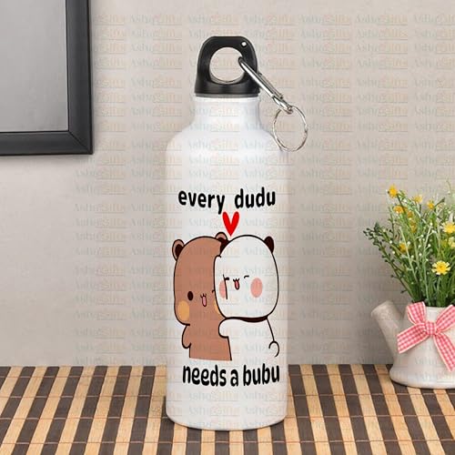 Image of Bubu Dudu Love Gift for Birthday /Anniversary Sipper Water Bottle 750 ML Aluminium with 320 ML Coffee Mug, Wooden Keychain Combo Pack MSK-V (Design-9)