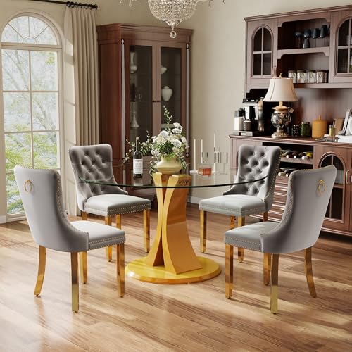 Image of 5-Piece Dining Table Set with 47In Tempered Glass Table and 4 Velvet Upholstered Chairs, Modern Scandinavian Furniture for Dining Room Kitchen(Gray&Gold)