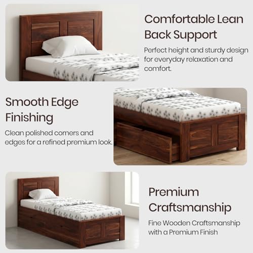 Image of WOODLAB Furniture Single Size Bed with Drawer Storage Wooden Single Cot Bed for Bedroom Home (Honey Finish)