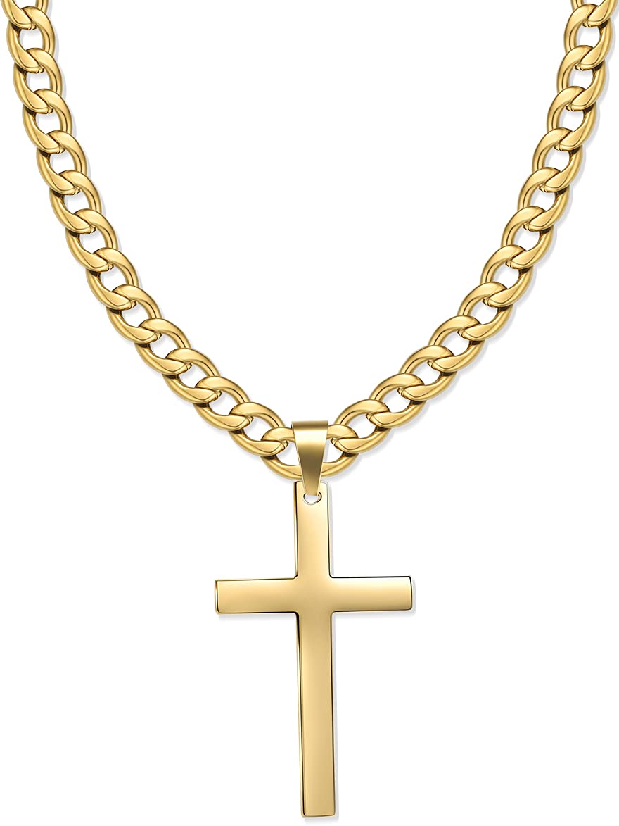JewowStainless Steel Men's Cross Pendant Necklace with 7mm Wide Curb Cuban Chain