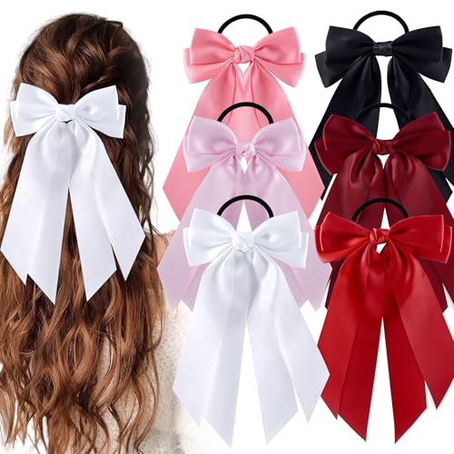 hisial 6Pcs Bow Hair Ties Non-Damage Ponytail Holders Hair Bows Ribbon for Women Fashion Bows Accessories for Girls Elastic Hair Bands(White/Pink/Red/Black)