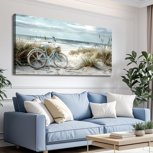 FUHAIHUA Large Wall Decor For Living Room Canvas Wall Art For Bedroom Modern Office Decoration Blue Beach Bicycle Seascape Painting Ocean Landscape Wall Pictures Artwork Home Decor Posters 24"X48"