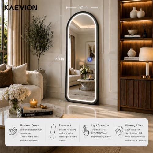 Image of 5x2 ft Black Arched LED Full-Length Mirror- 5mm HD Shatterproof Glass, 3-Color Dimmable Light Up Full Body Mirror, Vanity Floor Leaning Wall Mounted Mirror