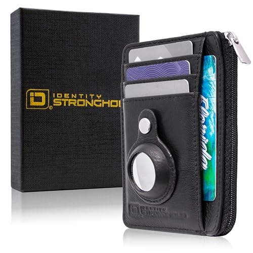 Image of ID Stronghold RFID Blocking Front Pocket Wallet - Slim Minimalist Genuine Leather Wallet with Zipper Coin Pocket (Airtag Black)