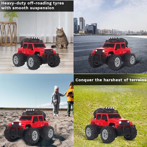 Image of popsugar Off Roader Rechargeable Remote Control Car | RC Car Monster Truck | 4 Headlight Modes | Lithium Battery | C-Type Charging | 2.4GHz Remote Controller | Made in India, Red