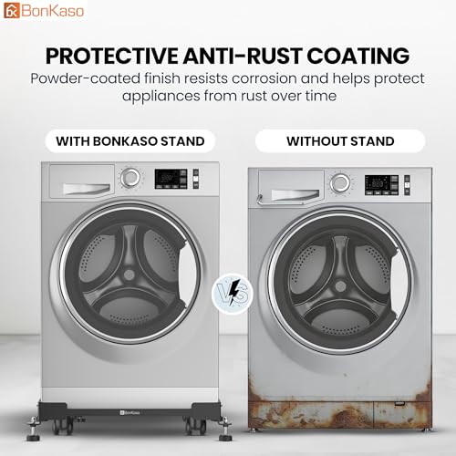 Image of BonKaso Adjustable Heavy Duty Appliance Stand with Wheels & Anti-Slip Pads | Steel Frame Trolley for Washing Machine, Refrigerator & Dishwasher | Load Capacity 200 Kg (50x43x12.5 cm) Black