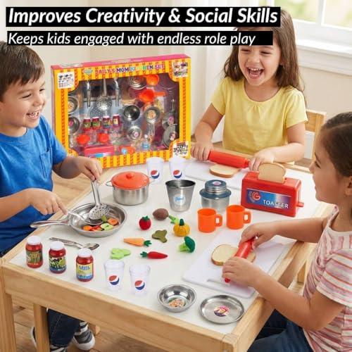 Image of DZLING Kids Steel Kitchen Set Toys, Traditional Indian Cooking Playset with Utensils, Gas Stove, Blender, Chakla Belan Accessories, Role Play Pretend Cooking Toy for Boys & Girls (Mom Kitchen)