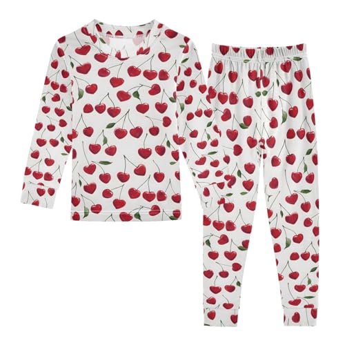 ALAZA Fruit Cherry Heart White Pajamas Long Sleeve Sleepwear 2-Piece Pajama Set
