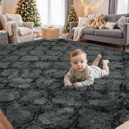 Falflor Rugs Living Room 120 x 160 Fluffy Grey Washable Rugs for Bedroom Thick Shaggy Soft Carpet Non Slip Medium Carpet Geometric Modern for Kitchen Office Dinning Room Decor