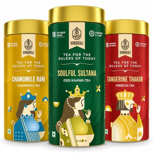 Image of Hindraj Chamomile, Hibiscus & Kahwa Herbal Tea Pack 54 Tea Bags (3 18) Variety Pack Herbal Blends for Sleep, Detox & Immunity Caffeine-Free, No Added Sugar