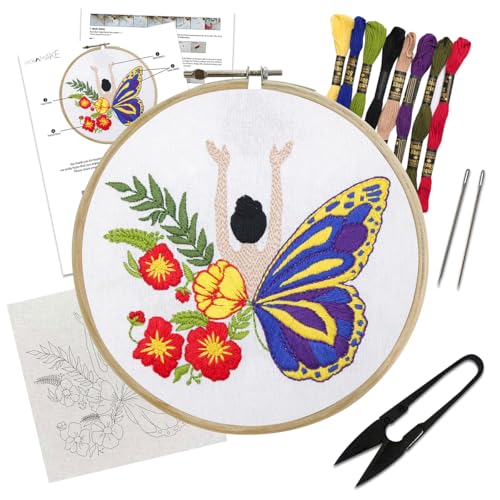 Image of picknMAKE Cross Stitch Embroidery Kit For Beginners & Adult, Featuring a Lady With Flower & Butterfly Wings, Printed Fabric, Instructions Papers, Threads & Needles All Materials Included,Multicolor