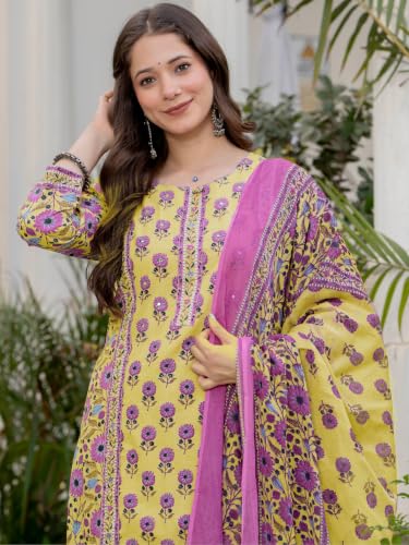 Image of Amayra Women's Pure Cotton Straight Kurta Set with Palazzo Pants & Dupatta|Kurta Set for Women