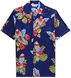 Hawaiian Shirt 39 Mens Parrot Print Beach Aloha Party Navy Blue XL