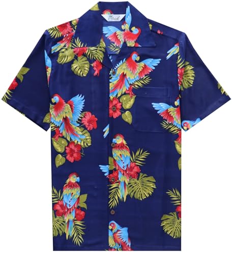 Hawaiian Shirt 39 Mens Parrot Print Beach Aloha Party Navy Blue XL