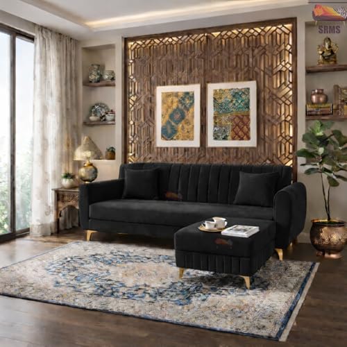 Image of SRMS Golden Legs 4 Seater L Shape Velvet Fabric Sofa Set with Four Cushions | Perfect for Home Office Guests Living Room | Sofa Set for living Room | 74 x 32 x 30 inches | Black
